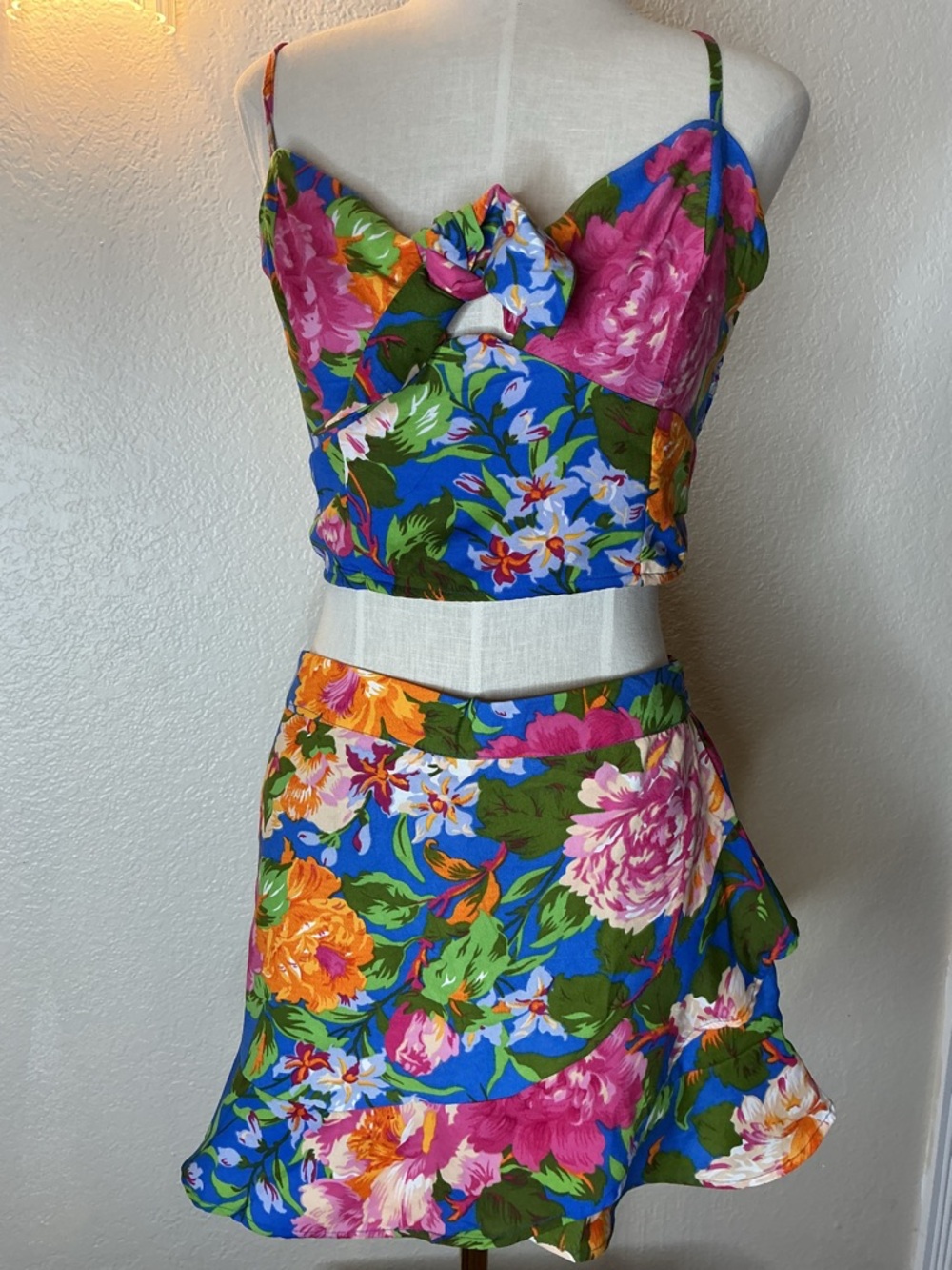 Floral Blue Tie-Front Mini Skirt/Shorts.